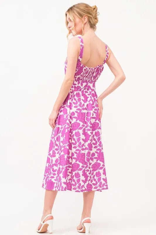 And The Why Square Neck Belted Floral Printed Midi Dress - Blu Lotus Boutique