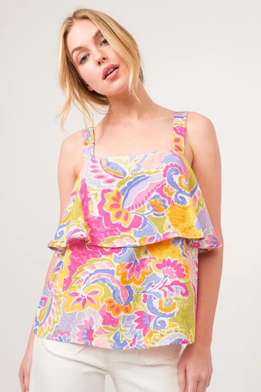And The Why Square Neck Tiered Paisley Printed Top - Blu Lotus Boutique