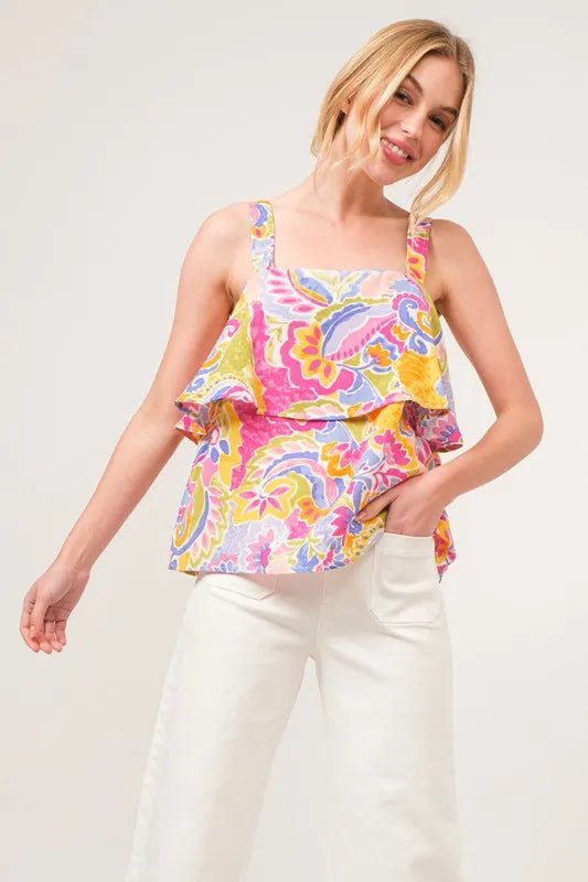 And The Why Square Neck Tiered Paisley Printed Top - Blu Lotus Boutique