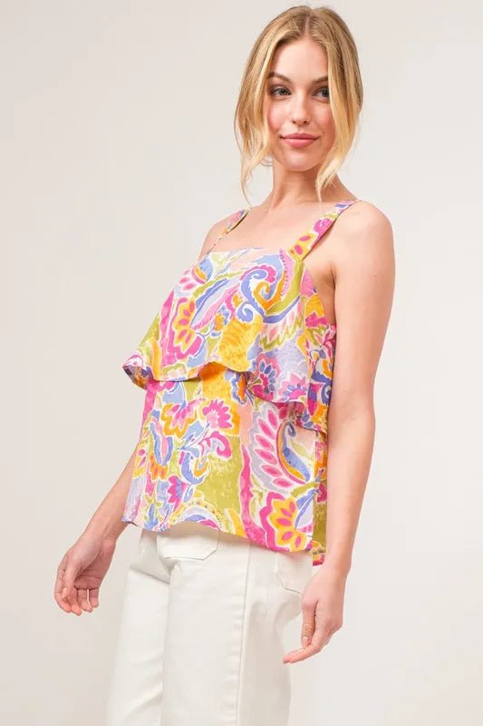 And The Why Square Neck Tiered Paisley Printed Top - Blu Lotus Boutique