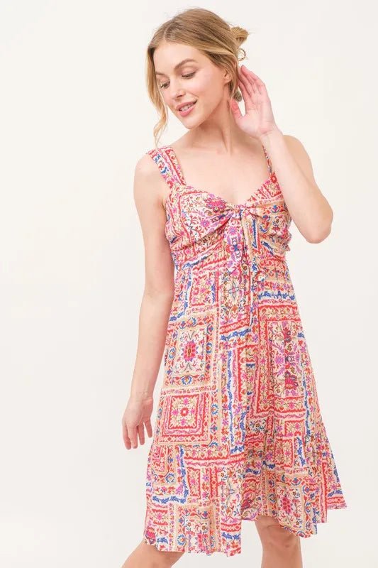 And The Why Tied Front Smocked Back Tiered Boho Printed Dress - Blu Lotus Boutique