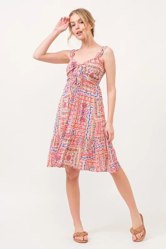 And The Why Tied Front Smocked Back Tiered Boho Printed Dress - Blu Lotus Boutique