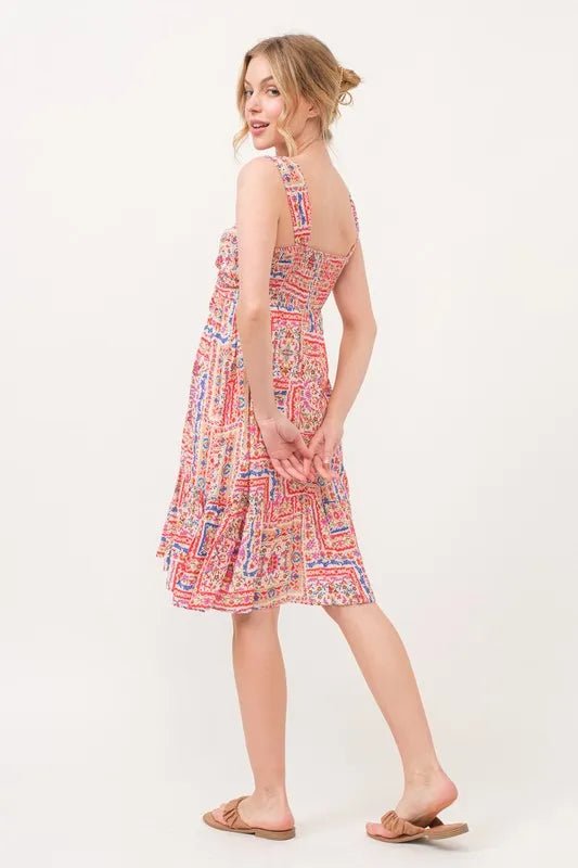 And The Why Tied Front Smocked Back Tiered Boho Printed Dress - Blu Lotus Boutique