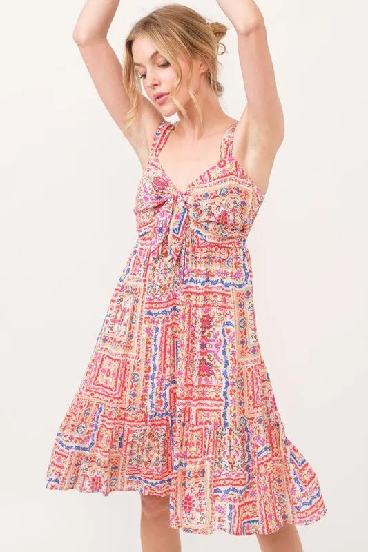 And The Why Tied Front Smocked Back Tiered Boho Printed Dress - Blu Lotus Boutique