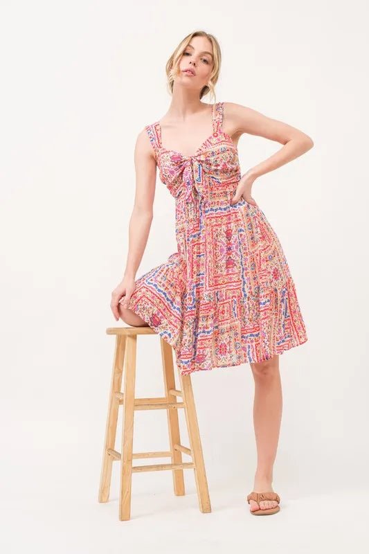 And The Why Tied Front Smocked Back Tiered Boho Printed Dress - Blu Lotus Boutique