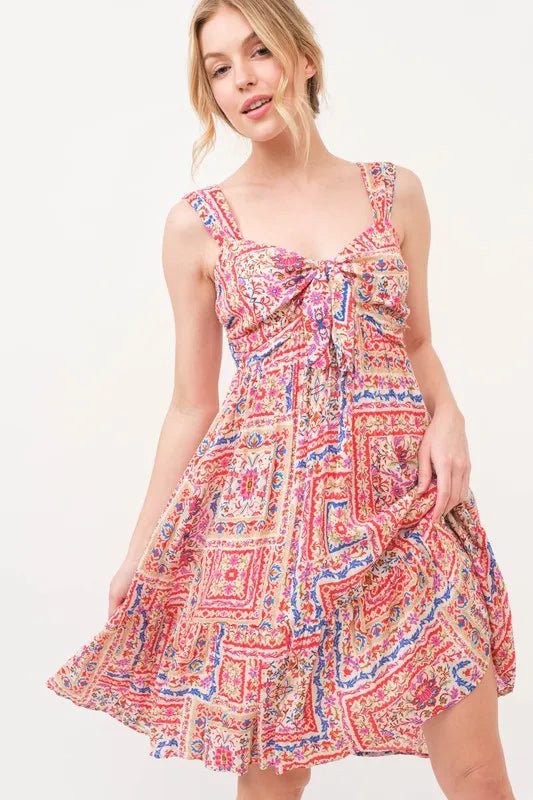 And The Why Tied Front Smocked Back Tiered Boho Printed Dress - Blu Lotus Boutique