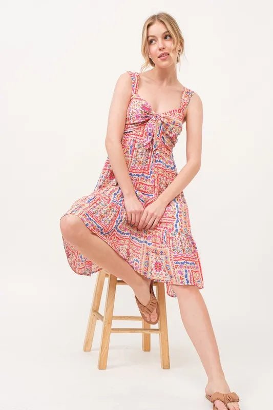 And The Why Tied Front Smocked Back Tiered Boho Printed Dress - Blu Lotus Boutique
