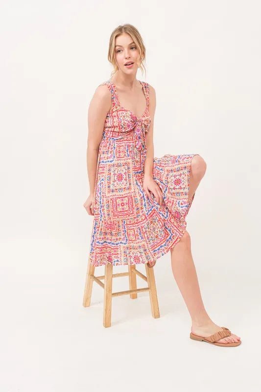 And The Why Tied Front Smocked Back Tiered Boho Printed Dress - Blu Lotus Boutique