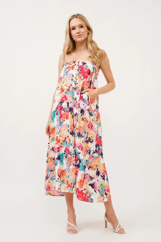 And The Why Tiered Floral Midi Cami Dress with Pockets - Blu Lotus Boutique