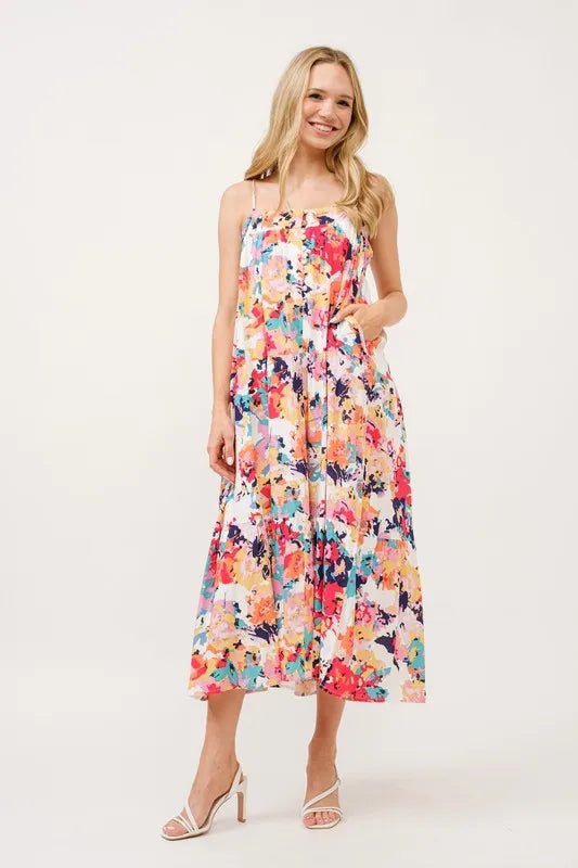 And The Why Tiered Floral Midi Cami Dress with Pockets - Blu Lotus Boutique