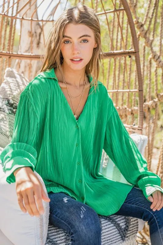 And The Why V Neck Pleated Long Sleeves Shirt - Blu Lotus Boutique