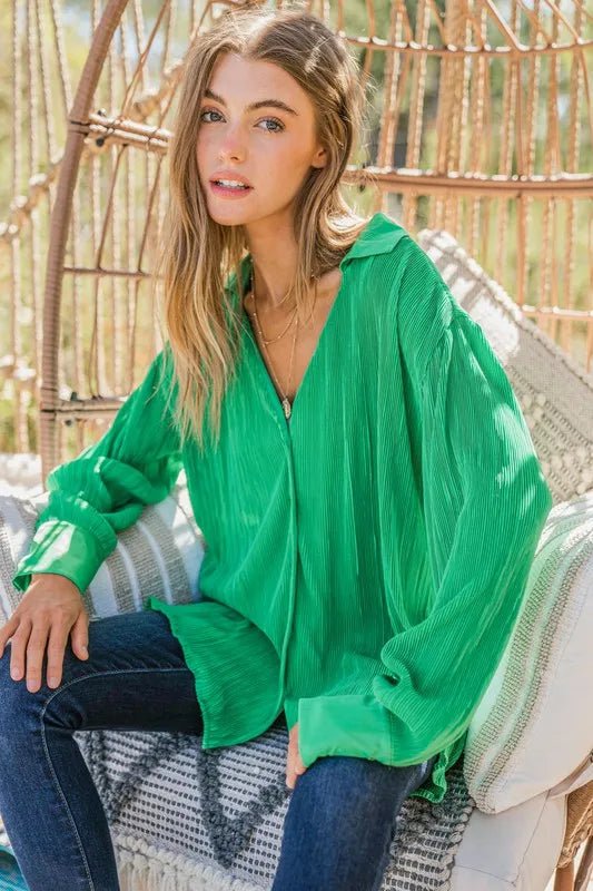 And The Why V Neck Pleated Long Sleeves Shirt - Blu Lotus Boutique