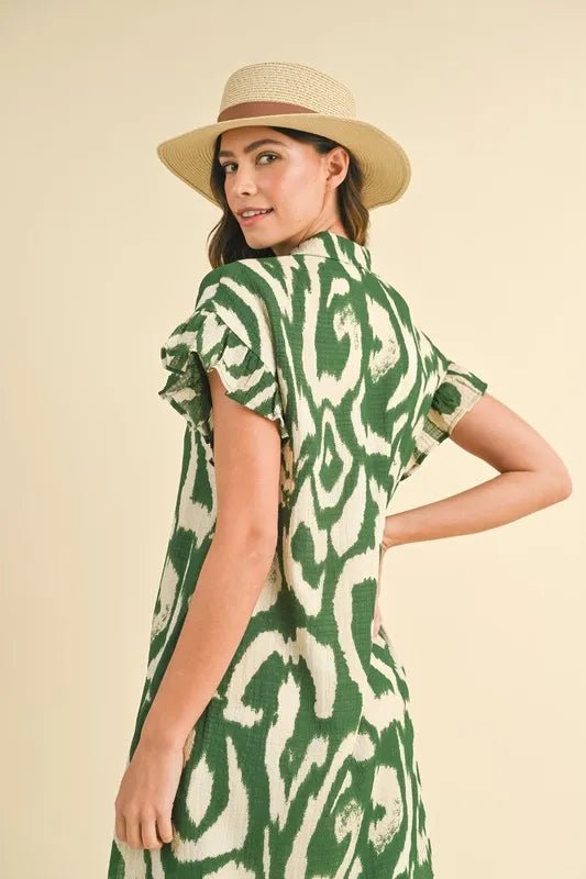 Annie Wear Abstract Printed Frill Sleeve Shirt Mini Dress - Blu Lotus Boutique