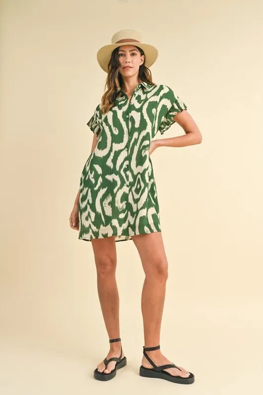 Annie Wear Abstract Printed Frill Sleeve Shirt Mini Dress - Blu Lotus Boutique