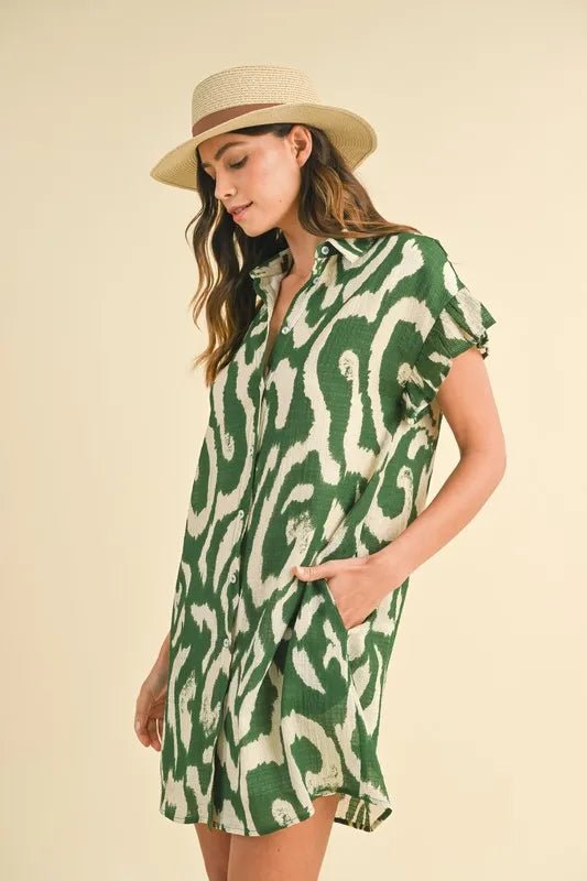 Annie Wear Abstract Printed Frill Sleeve Shirt Mini Dress - Blu Lotus Boutique