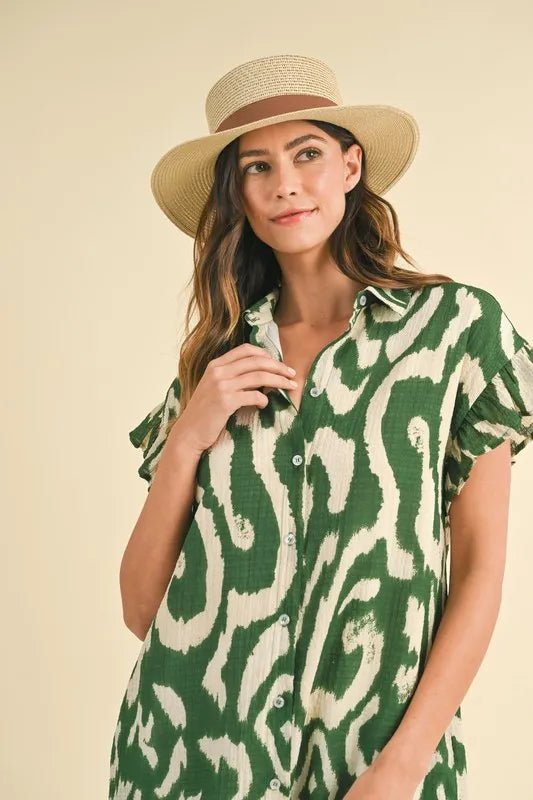 Annie Wear Abstract Printed Frill Sleeve Shirt Mini Dress - Blu Lotus Boutique