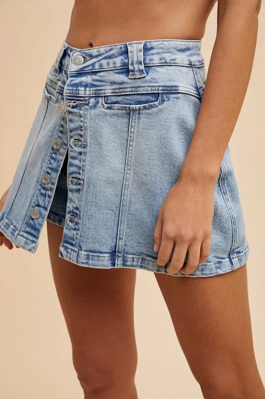 Annie Wear Button Detail Stretch Denim Wrap Mini Skort - Blu Lotus Boutique