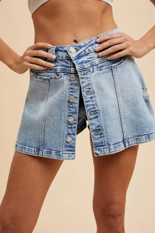 Annie Wear Button Detail Stretch Denim Wrap Mini Skort - Blu Lotus Boutique