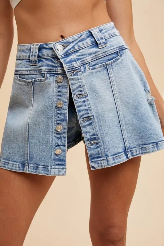 Annie Wear Button Detail Stretch Denim Wrap Mini Skort - Blu Lotus Boutique
