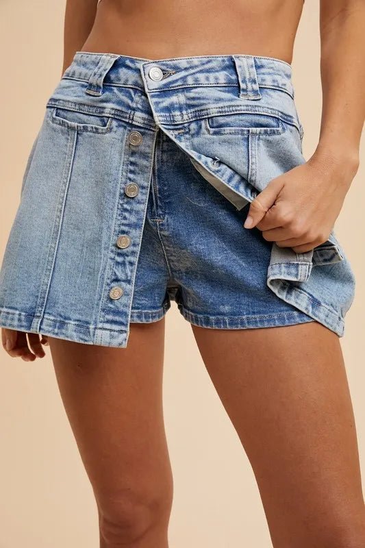 Annie Wear Button Detail Stretch Denim Wrap Mini Skort - Blu Lotus Boutique