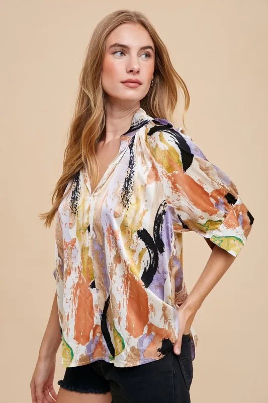 Annie Wear Multi Color Printed V - Neck Open Woven Blouse Top - Blu Lotus Boutique