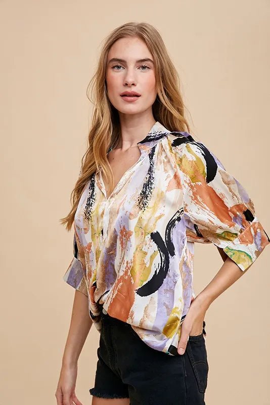 Annie Wear Multi Color Printed V - Neck Open Woven Blouse Top - Blu Lotus Boutique