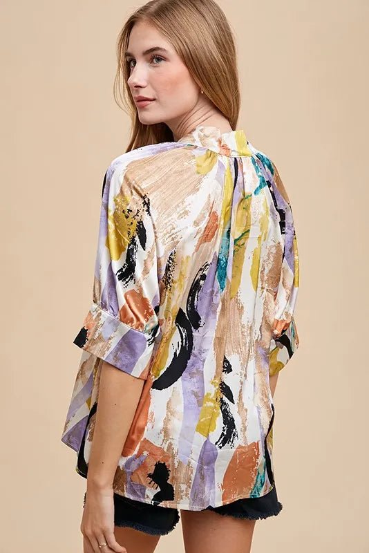 Annie Wear Multi Color Printed V - Neck Open Woven Blouse Top - Blu Lotus Boutique