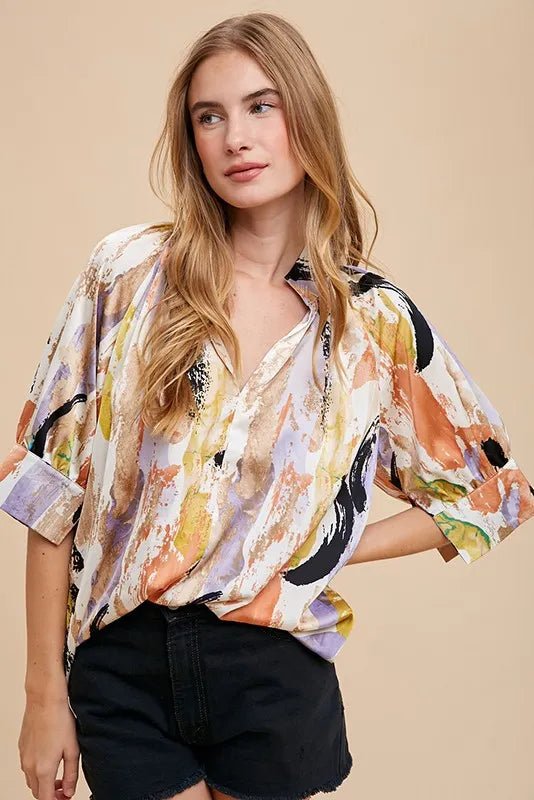 Annie Wear Multi Color Printed V - Neck Open Woven Blouse Top - Blu Lotus Boutique