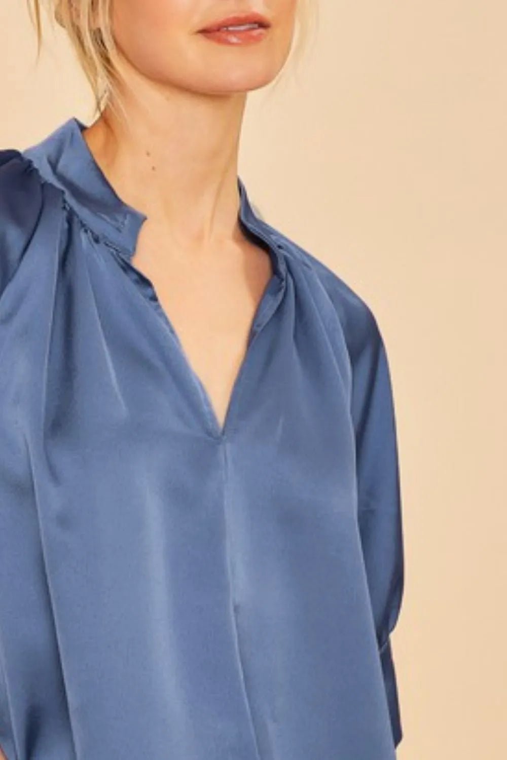 Annie Wear Satin V Neck Open Short Sleeve Woven Blouse Top - Blu Lotus Boutique
