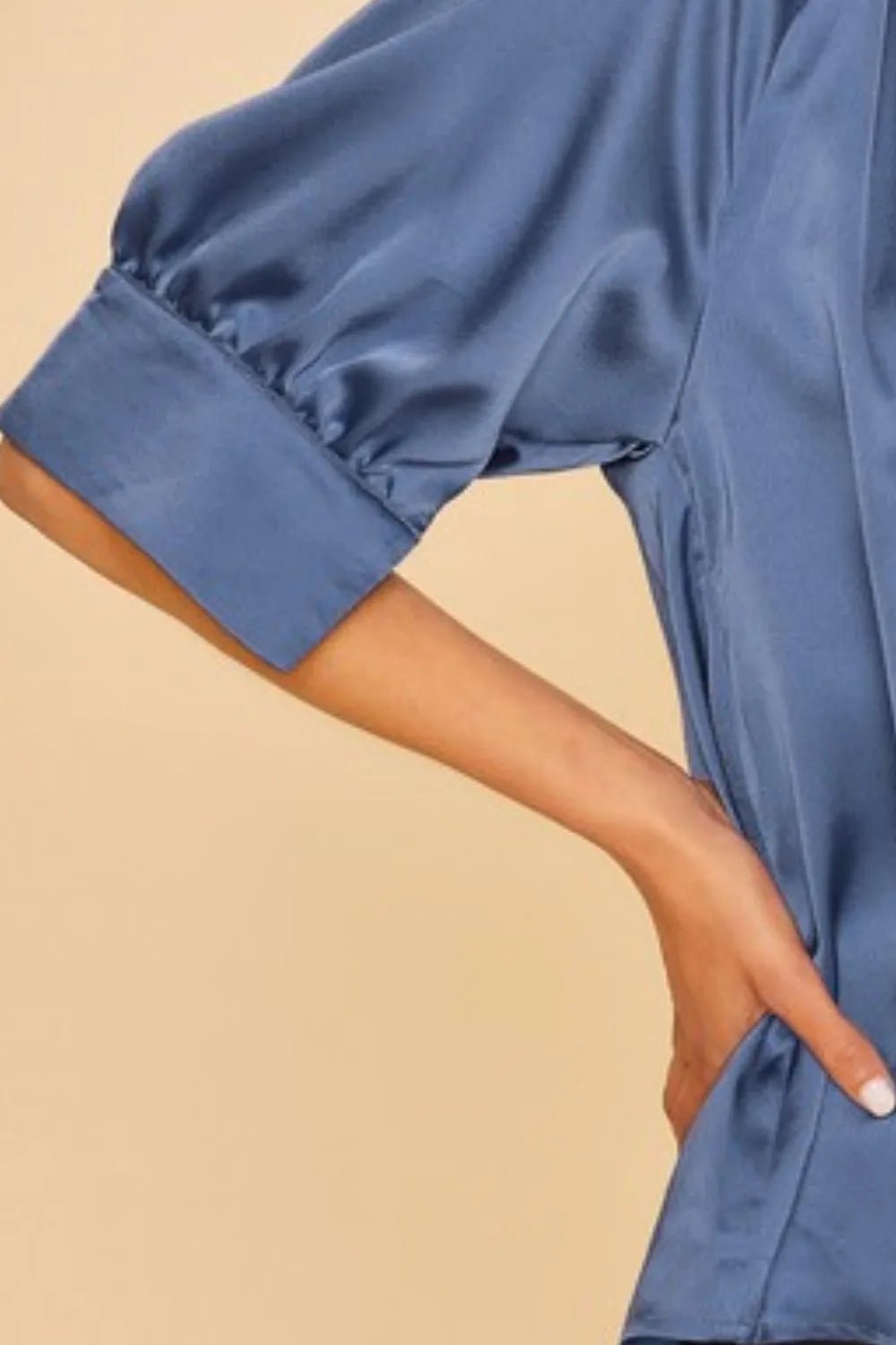 Annie Wear Satin V Neck Open Short Sleeve Woven Blouse Top - Blu Lotus Boutique