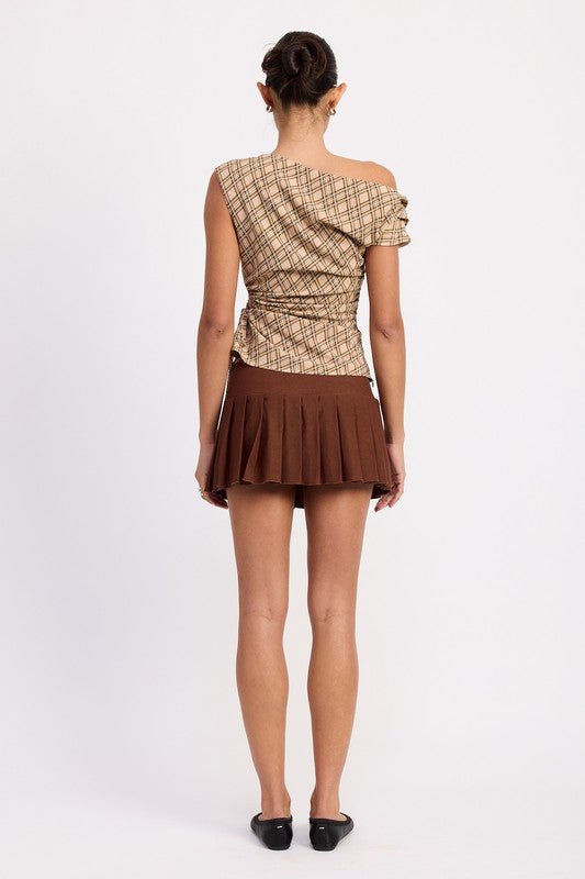ASYMMETRIC ONE SHOULDER RUCHED PLAID TOP - Blu Lotus Boutique