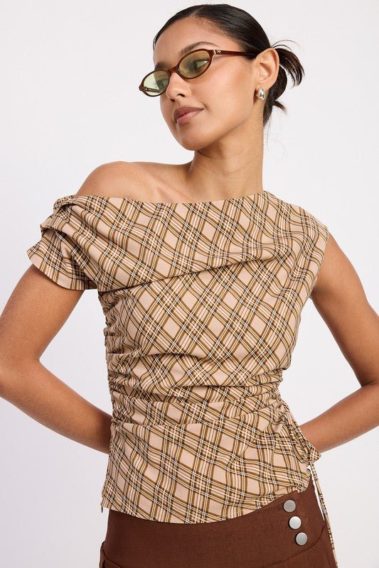 ASYMMETRIC ONE SHOULDER RUCHED PLAID TOP - Blu Lotus Boutique