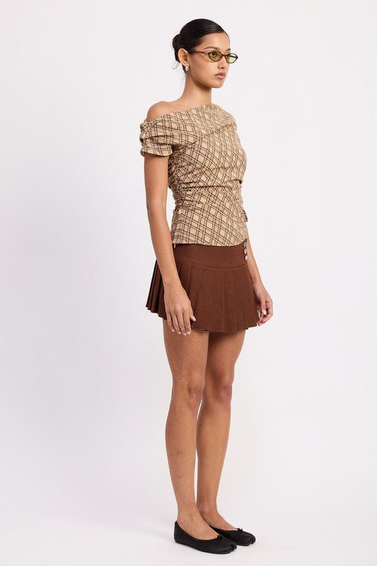 ASYMMETRIC ONE SHOULDER RUCHED PLAID TOP - Blu Lotus Boutique