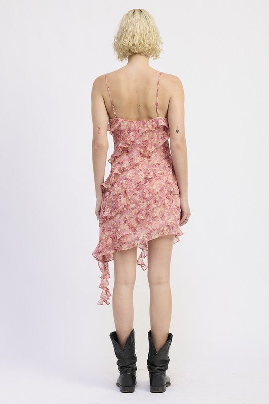 ASYMMETRICAL RUFFLE MINI DRESS - Blu Lotus Boutique