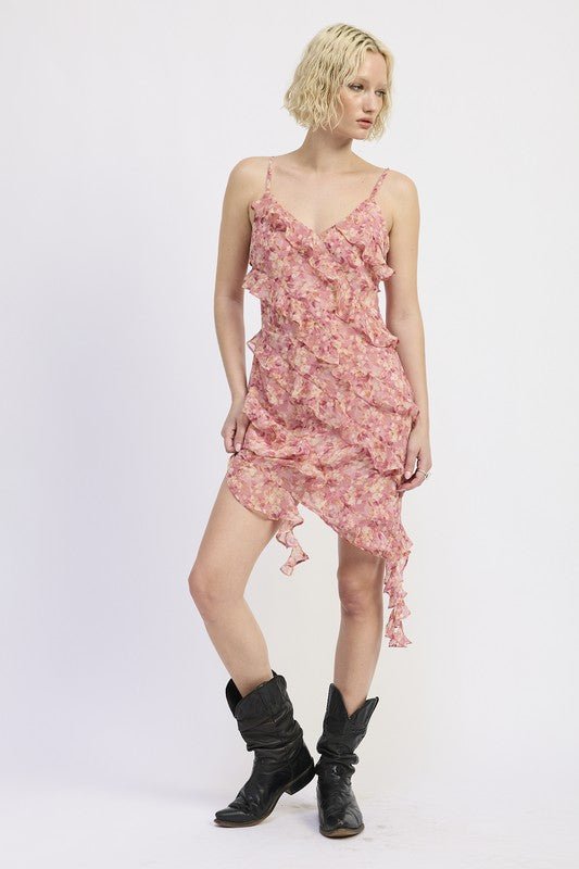 ASYMMETRICAL RUFFLE MINI DRESS - Blu Lotus Boutique