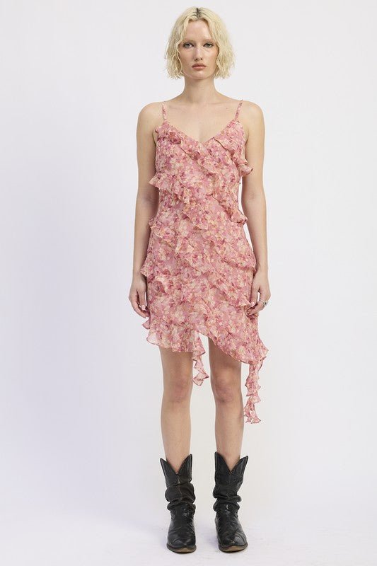 ASYMMETRICAL RUFFLE MINI DRESS - Blu Lotus Boutique