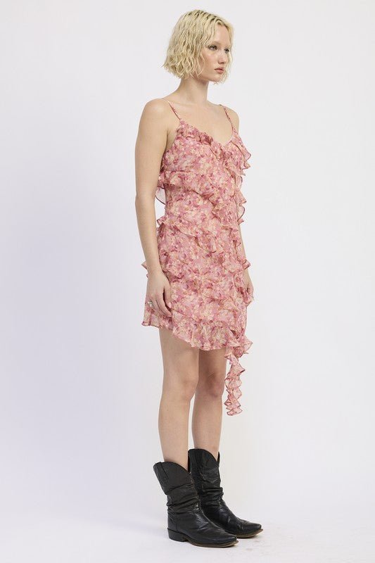 ASYMMETRICAL RUFFLE MINI DRESS - Blu Lotus Boutique