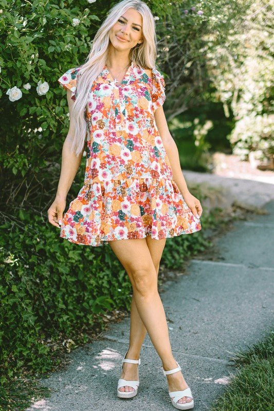 August Floral Print Split Neck Flutter Sleeve Dres - Blu Lotus Boutique
