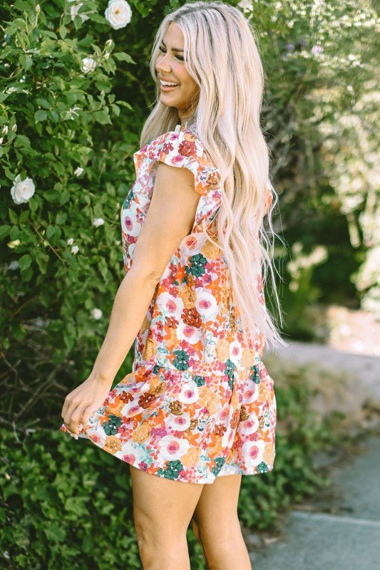 August Floral Print Split Neck Flutter Sleeve Dres - Blu Lotus Boutique