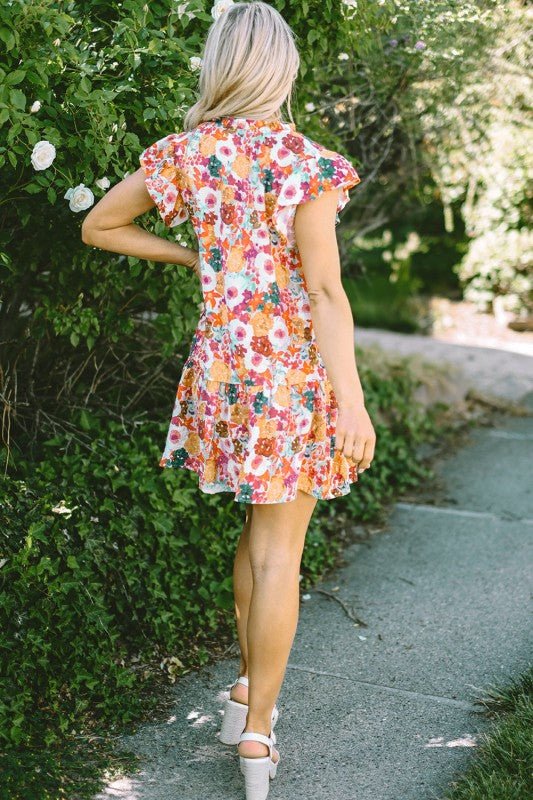August Floral Print Split Neck Flutter Sleeve Dres - Blu Lotus Boutique