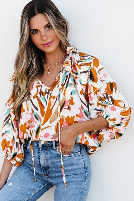Aurelia Drawstring Frilled V Neck 3/4 Sleeve Blous - Blu Lotus Boutique