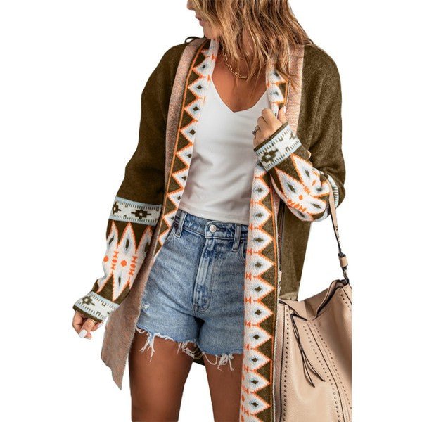 Aztec Print Open Front Knitted Cardigan - Blu Lotus Boutique
