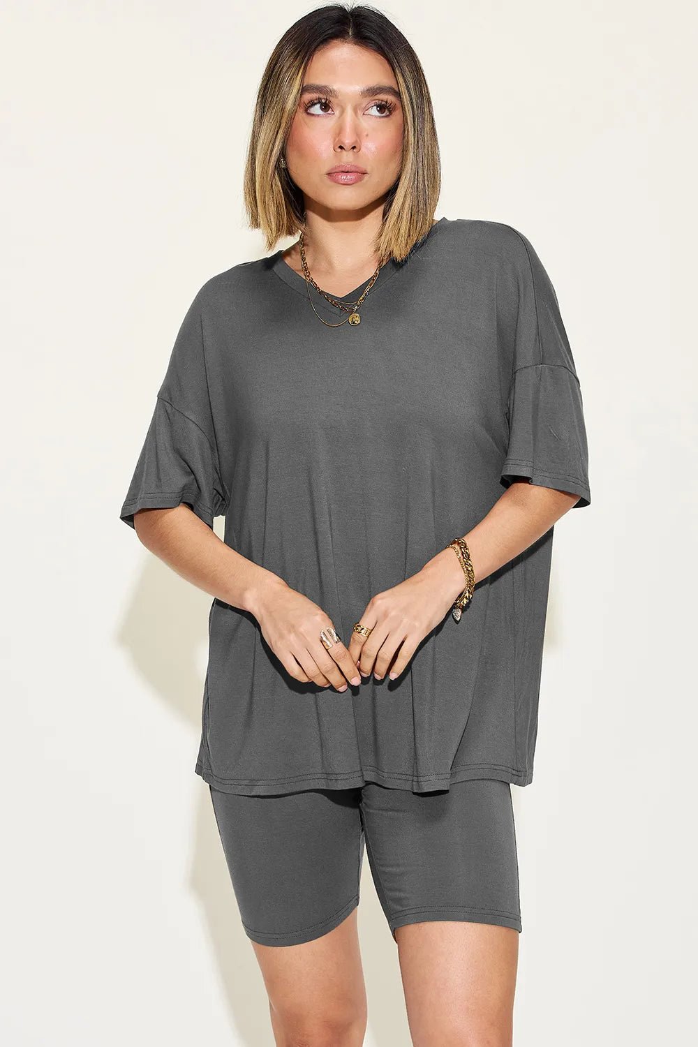 Basic Bae Full Size V - Neck Drop Shoulder T-Shirt and Shorts Set - Blu Lotus Boutique