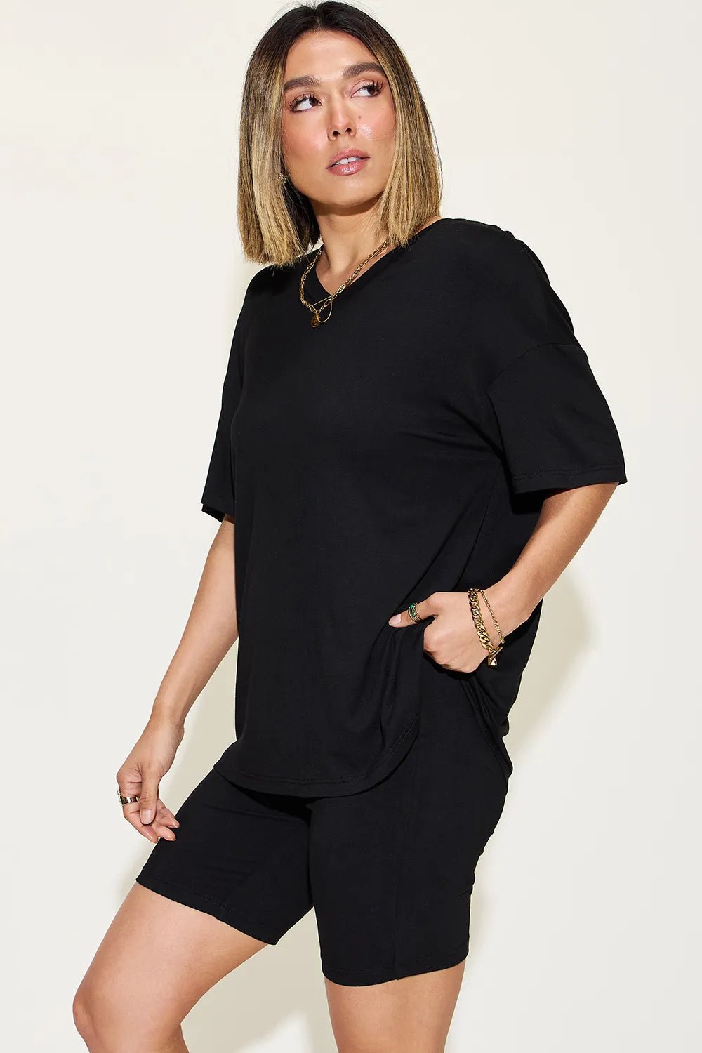 Basic Bae Full Size V - Neck Drop Shoulder T-Shirt and Shorts Set - Blu Lotus Boutique
