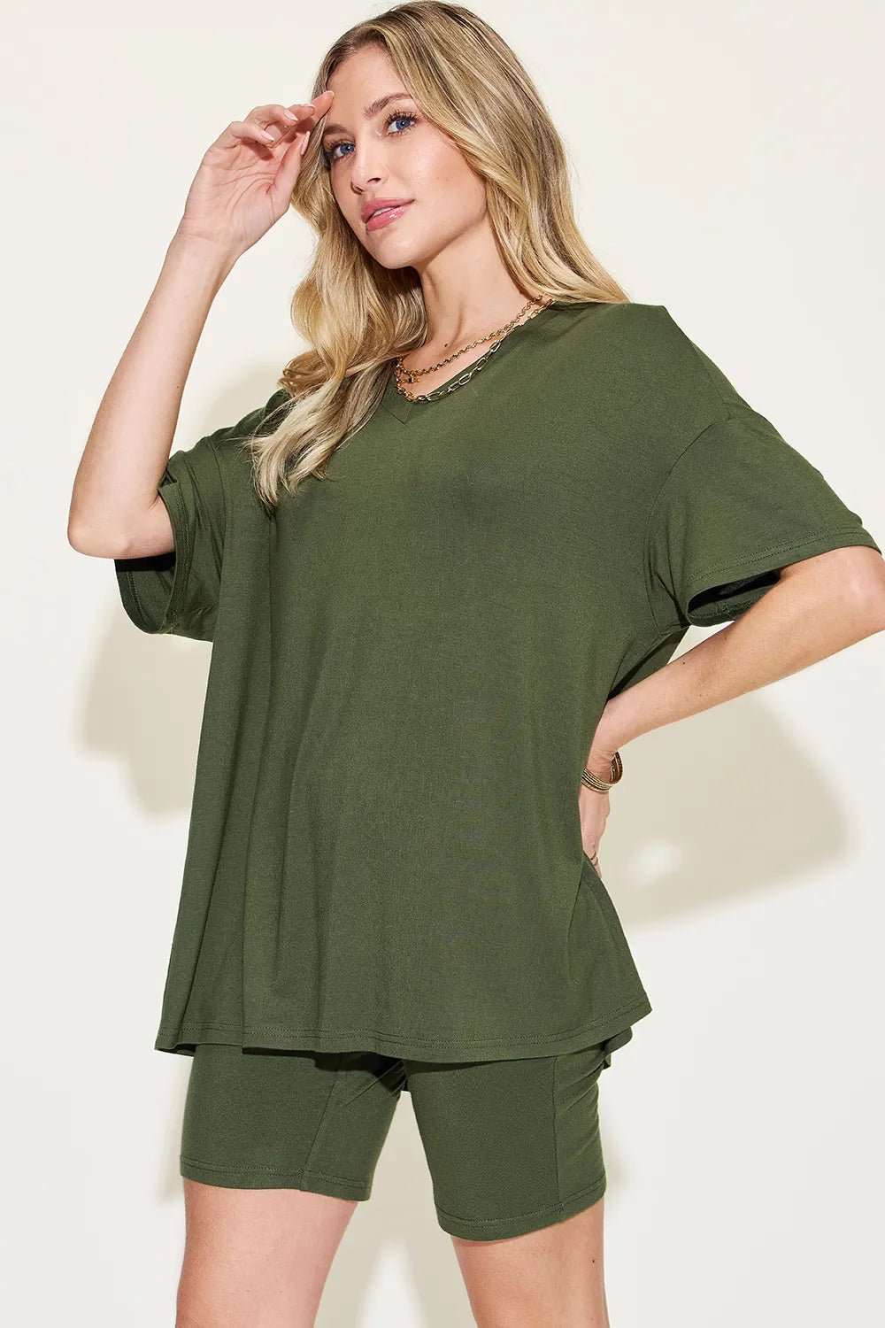 Basic Bae Full Size V - Neck Drop Shoulder T-Shirt and Shorts Set - Blu Lotus Boutique