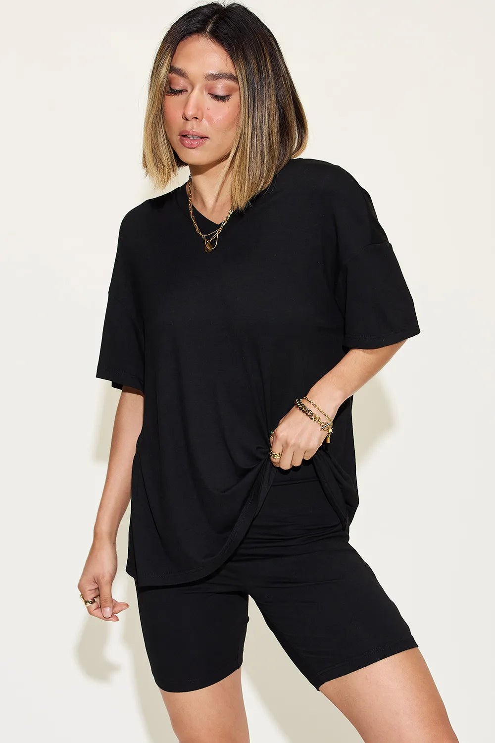 Basic Bae Full Size V - Neck Drop Shoulder T-Shirt and Shorts Set - Blu Lotus Boutique