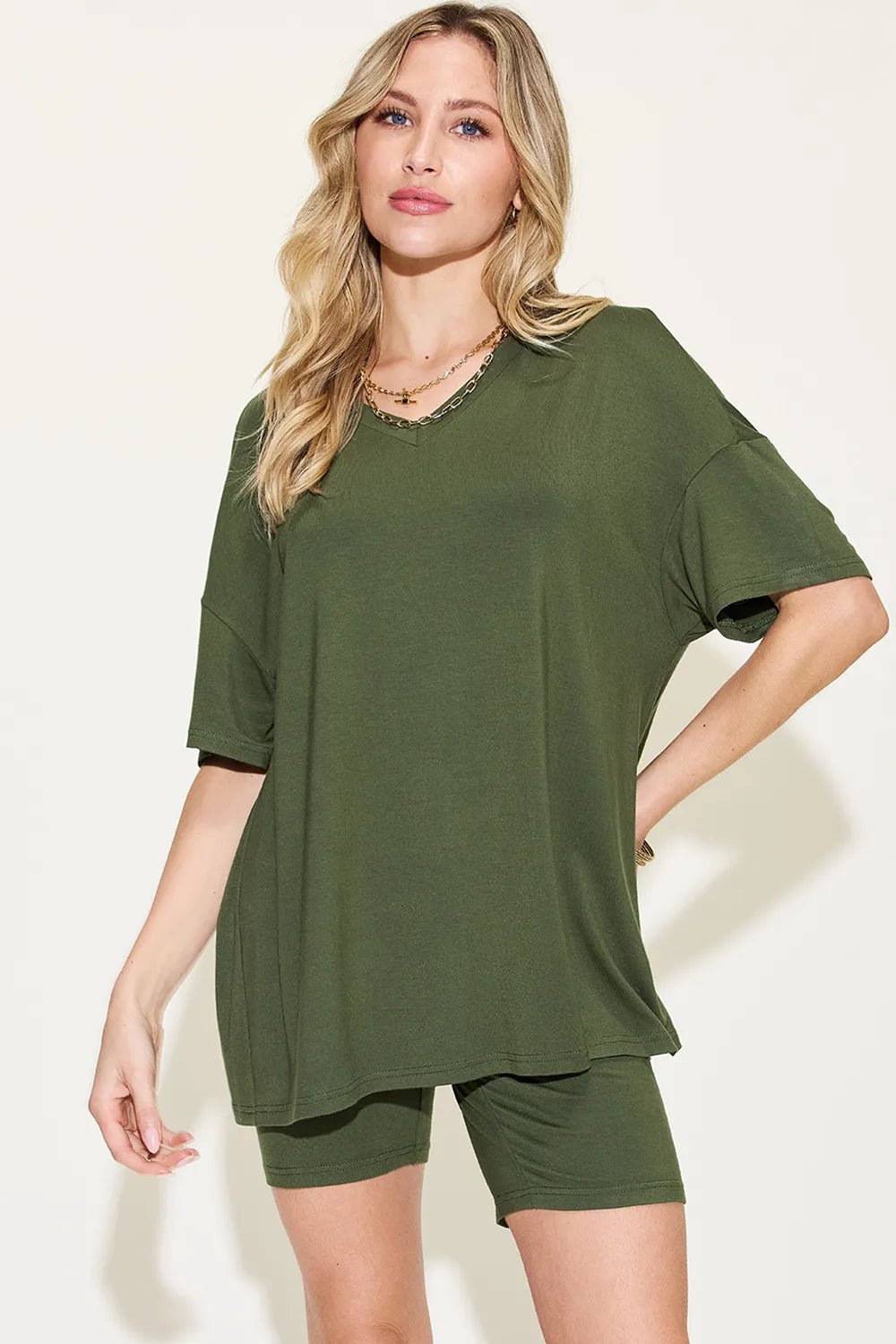 Basic Bae Full Size V - Neck Drop Shoulder T-Shirt and Shorts Set - Blu Lotus Boutique
