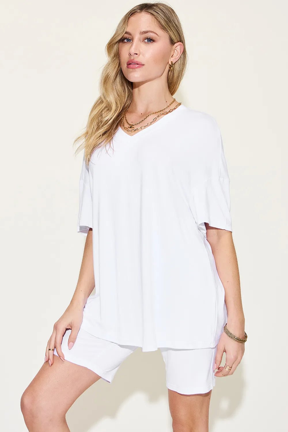 Basic Bae Full Size V - Neck Drop Shoulder T-Shirt and Shorts Set - Blu Lotus Boutique