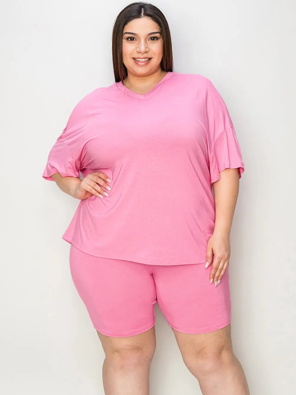 Basic Bae Full Size V - Neck Drop Shoulder T-Shirt and Shorts Set - Blu Lotus Boutique