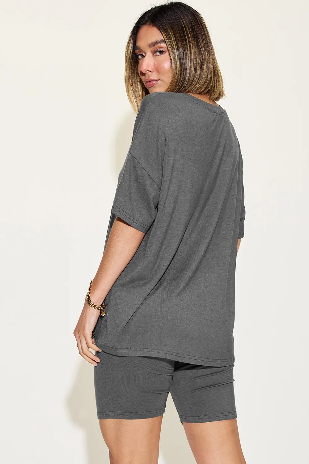 Basic Bae Full Size V - Neck Drop Shoulder T-Shirt and Shorts Set - Blu Lotus Boutique